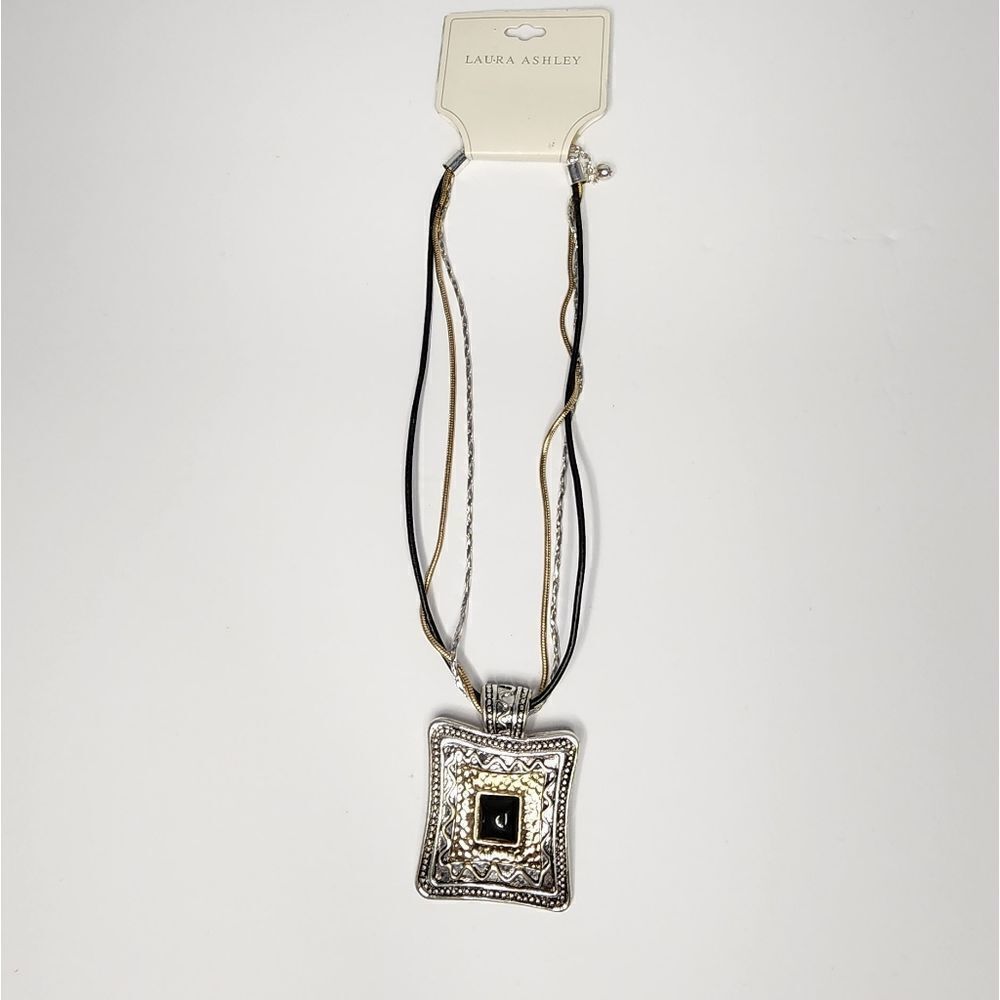 Laura Ashkey NEW Vintage Multi Strand Necklace 2 Tone Pendant Black Cabochon